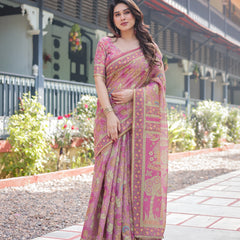 Regal Pink Handloom Cotton-Linen Saree with Floral Motifs, Golden Zari Highlights, and Tassel Detailing