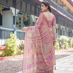Regal Pink Handloom Cotton-Linen Saree with Floral Motifs, Golden Zari Highlights, and Tassel Detailing