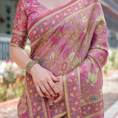 Regal Pink Handloom Cotton-Linen Saree with Floral Motifs, Golden Zari Highlights, and Tassel Detailing