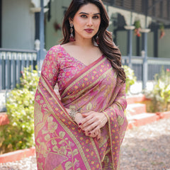 Regal Pink Handloom Cotton-Linen Saree with Floral Motifs, Golden Zari Highlights, and Tassel Detailing