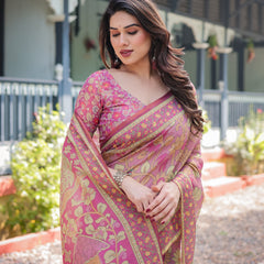 Regal Pink Handloom Cotton-Linen Saree with Floral Motifs, Golden Zari Highlights, and Tassel Detailing