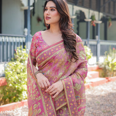 Regal Pink Handloom Cotton-Linen Saree with Floral Motifs, Golden Zari Highlights, and Tassel Detailing