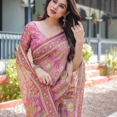 Regal Pink Handloom Cotton-Linen Saree with Floral Motifs, Golden Zari Highlights, and Tassel Detailing