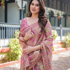 Regal Pink Handloom Cotton-Linen Saree with Floral Motifs, Golden Zari Highlights, and Tassel Detailing