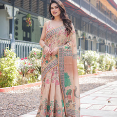 Beige Handloom Cotton-Linen Saree with Elephant Motifs and Geometric Border Design