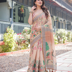 Beige Handloom Cotton-Linen Saree with Elephant Motifs and Geometric Border Design