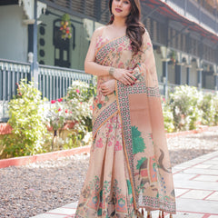 Beige Handloom Cotton-Linen Saree with Elephant Motifs and Geometric Border Design