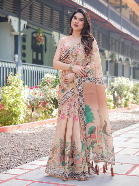 Beige Handloom Cotton-Linen Saree with Elephant Motifs and Geometric Border Design
