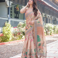 Beige Handloom Cotton-Linen Saree with Elephant Motifs and Geometric Border Design