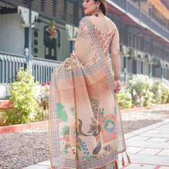 Beige Handloom Cotton-Linen Saree with Elephant Motifs and Geometric Border Design