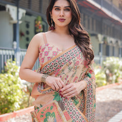 Beige Handloom Cotton-Linen Saree with Elephant Motifs and Geometric Border Design