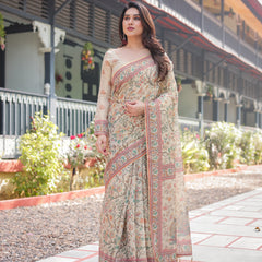 Ivory Handloom Cotton-Linen Saree with Floral and Peacock Motifs, Zari Highlights, and Tassel Finish