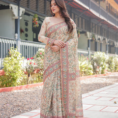 Ivory Handloom Cotton-Linen Saree with Floral and Peacock Motifs, Zari Highlights, and Tassel Finish