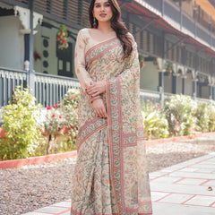Ivory Handloom Cotton-Linen Saree with Floral and Peacock Motifs, Zari Highlights, and Tassel Finish