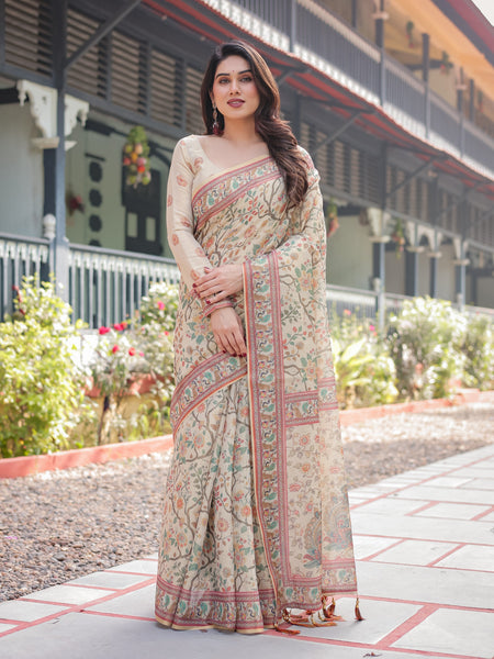 Ivory Handloom Cotton-Linen Saree with Floral and Peacock Motifs, Zari Highlights, and Tassel Finish