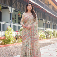 Ivory Handloom Cotton-Linen Saree with Floral and Peacock Motifs, Zari Highlights, and Tassel Finish