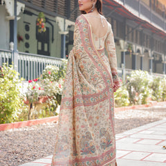 Ivory Handloom Cotton-Linen Saree with Floral and Peacock Motifs, Zari Highlights, and Tassel Finish