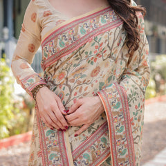 Ivory Handloom Cotton-Linen Saree with Floral and Peacock Motifs, Zari Highlights, and Tassel Finish