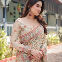 Ivory Handloom Cotton-Linen Saree with Floral and Peacock Motifs, Zari Highlights, and Tassel Finish