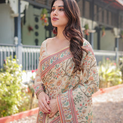 Ivory Handloom Cotton-Linen Saree with Floral and Peacock Motifs, Zari Highlights, and Tassel Finish