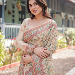 Ivory Handloom Cotton-Linen Saree with Floral and Peacock Motifs, Zari Highlights, and Tassel Finish