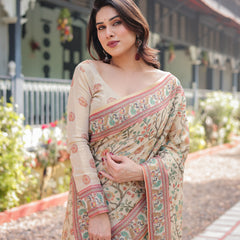 Ivory Handloom Cotton-Linen Saree with Floral and Peacock Motifs, Zari Highlights, and Tassel Finish