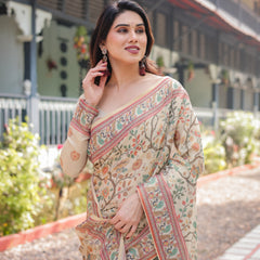 Ivory Handloom Cotton-Linen Saree with Floral and Peacock Motifs, Zari Highlights, and Tassel Finish