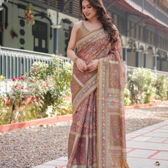 Rust and Gold Handloom Cotton-Linen Saree with Floral Motifs and Rich Zari Border