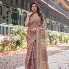 Rust and Gold Handloom Cotton-Linen Saree with Floral Motifs and Rich Zari Border