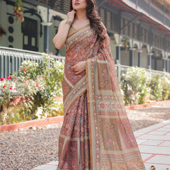 Rust and Gold Handloom Cotton-Linen Saree with Floral Motifs and Rich Zari Border