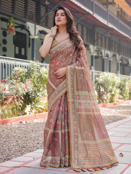 Rust and Gold Handloom Cotton-Linen Saree with Floral Motifs and Rich Zari Border