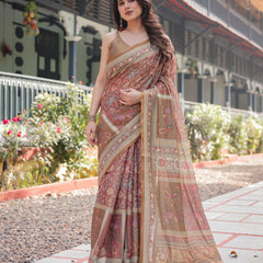 Rust and Gold Handloom Cotton-Linen Saree with Floral Motifs and Rich Zari Border