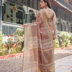 Rust and Gold Handloom Cotton-Linen Saree with Floral Motifs and Rich Zari Border