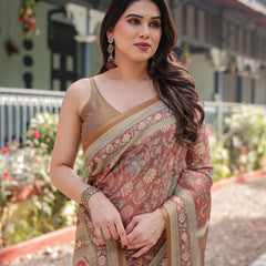 Rust and Gold Handloom Cotton-Linen Saree with Floral Motifs and Rich Zari Border