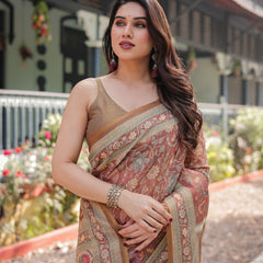 Rust and Gold Handloom Cotton-Linen Saree with Floral Motifs and Rich Zari Border