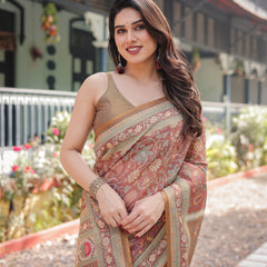 Rust and Gold Handloom Cotton-Linen Saree with Floral Motifs and Rich Zari Border
