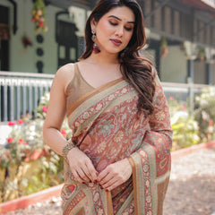 Rust and Gold Handloom Cotton-Linen Saree with Floral Motifs and Rich Zari Border