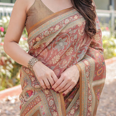 Rust and Gold Handloom Cotton-Linen Saree with Floral Motifs and Rich Zari Border