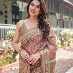 Rust and Gold Handloom Cotton-Linen Saree with Floral Motifs and Rich Zari Border