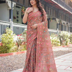 Copper Brown Handloom Cotton-Linen Saree with Floral Motifs and Vibrant Pink Accents