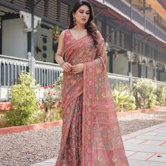 Copper Brown Handloom Cotton-Linen Saree with Floral Motifs and Vibrant Pink Accents