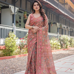 Copper Brown Handloom Cotton-Linen Saree with Floral Motifs and Vibrant Pink Accents
