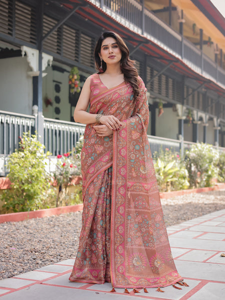 Copper Brown Handloom Cotton-Linen Saree with Floral Motifs and Vibrant Pink Accents