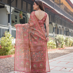 Copper Brown Handloom Cotton-Linen Saree with Floral Motifs and Vibrant Pink Accents