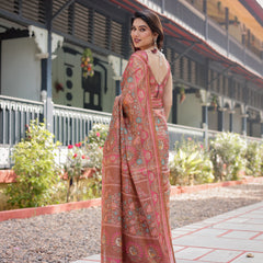 Copper Brown Handloom Cotton-Linen Saree with Floral Motifs and Vibrant Pink Accents