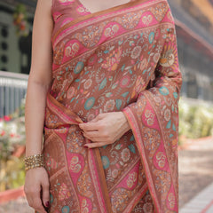 Copper Brown Handloom Cotton-Linen Saree with Floral Motifs and Vibrant Pink Accents