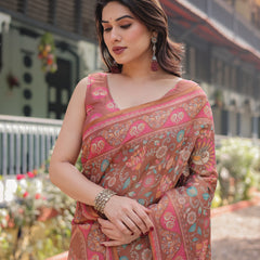 Copper Brown Handloom Cotton-Linen Saree with Floral Motifs and Vibrant Pink Accents
