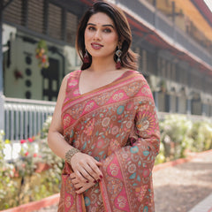 Copper Brown Handloom Cotton-Linen Saree with Floral Motifs and Vibrant Pink Accents