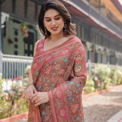 Copper Brown Handloom Cotton-Linen Saree with Floral Motifs and Vibrant Pink Accents