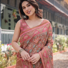 Copper Brown Handloom Cotton-Linen Saree with Floral Motifs and Vibrant Pink Accents